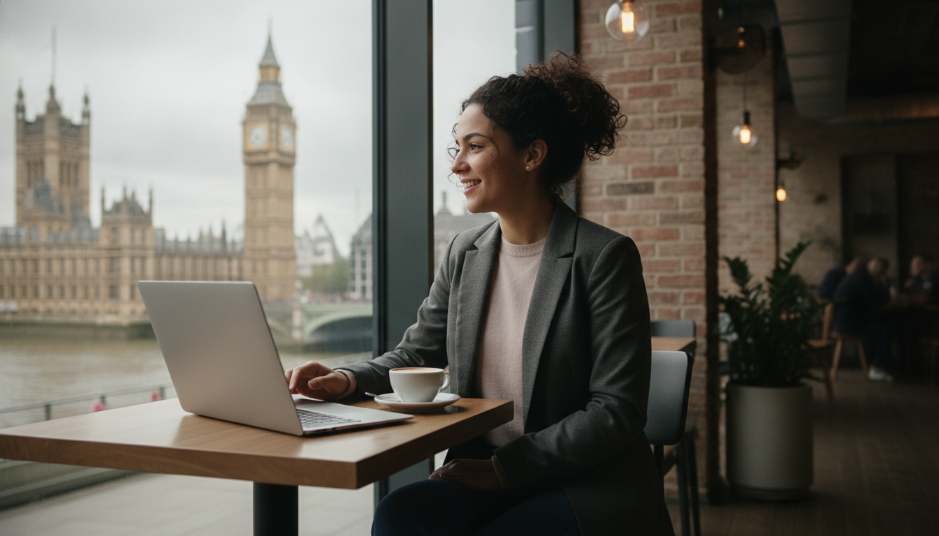 A professional yet relaxed young entrepreneur sitting in a modern London cafe with a laptop, looking at the Big Ben through a window, photorealistic, cinematic lighting, high detail, 8k resolution.