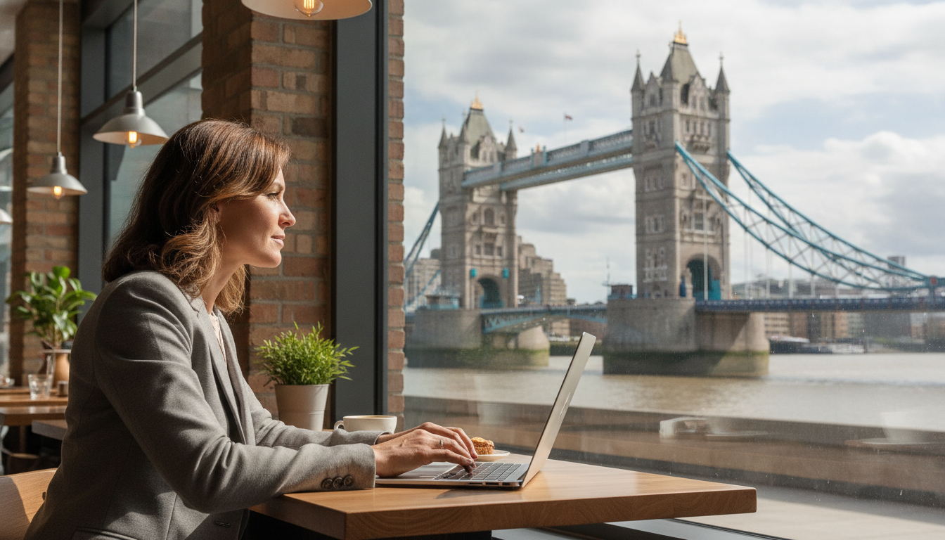 A professional expat entrepreneur sitting in a bright, modern London cafe with a laptop, looking at the Tower Bridge through a large window, photorealistic, cinematic lighting, 8k resolution.