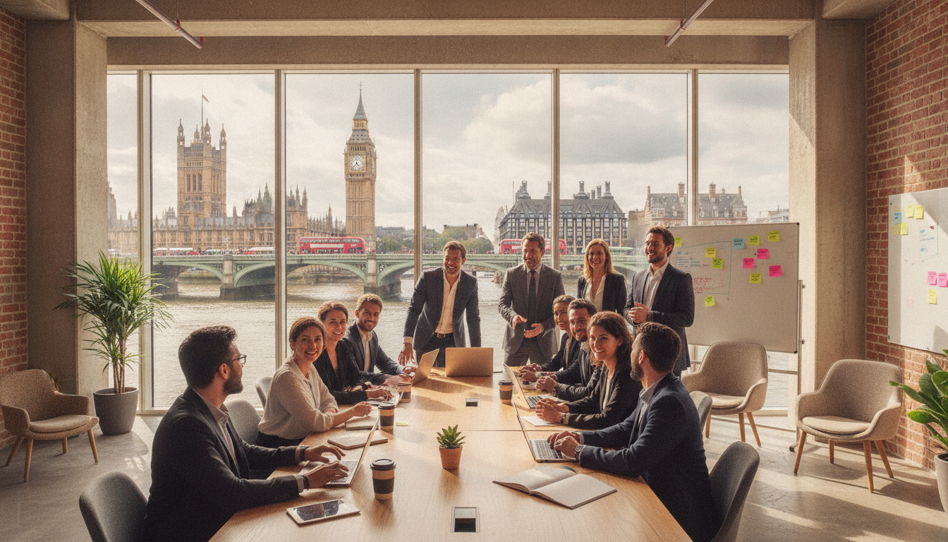 A diverse group of professional entrepreneurs in a modern London co-working space, with Big Ben and the Westminster bridge visible through a large window, bright and airy atmosphere, photorealistic, 4k resolution.