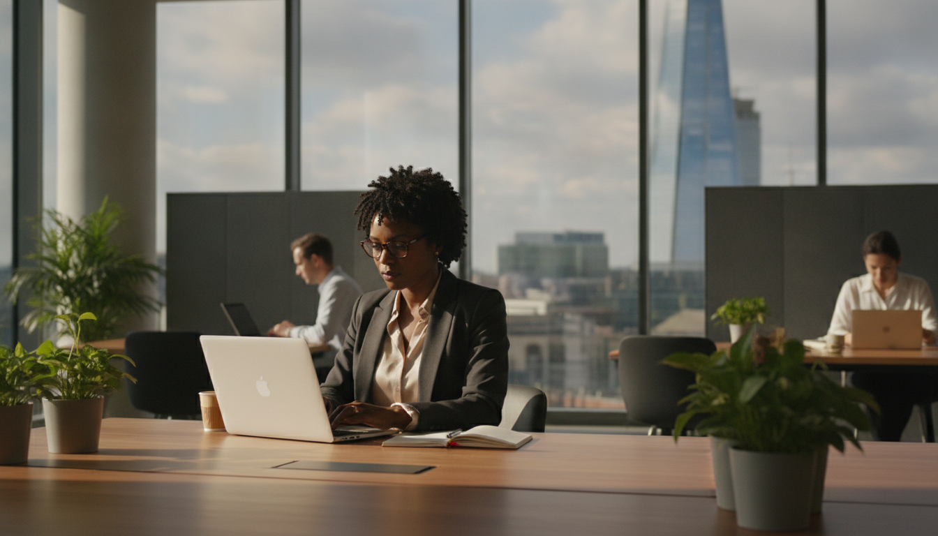 A diverse professional expat entrepreneur sitting in a modern, sunlit co-working space in London, working on a laptop with a view of the Shard in the background, photorealistic, 8k resolution, cinematic lighting