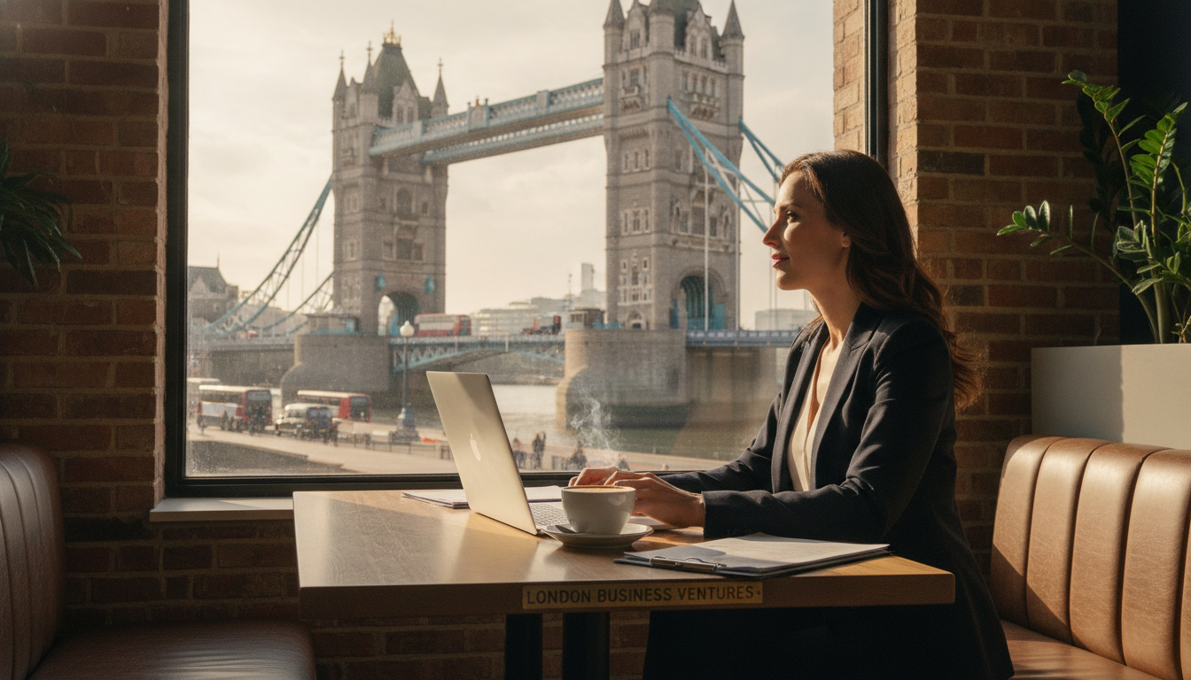 A high-quality, photorealistic image of a modern entrepreneur sitting in a bright London cafe with a laptop, looking at the Tower Bridge through the window, symbolizing a successful business setup in the UK.