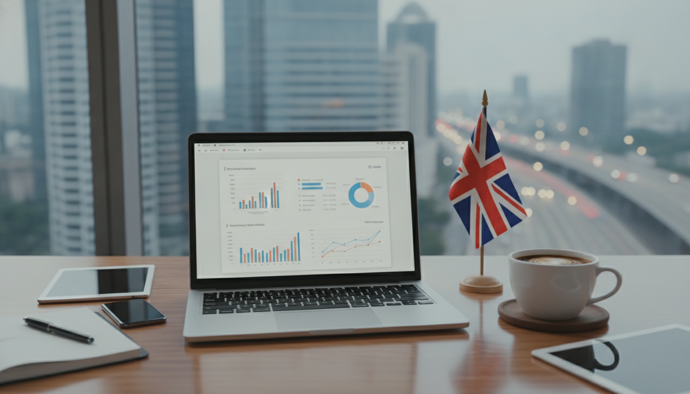 A high-quality, photorealistic shot of a professional workspace featuring a modern laptop showing business documents, a cup of coffee, and a small British flag on the desk, with a blurred modern city background.