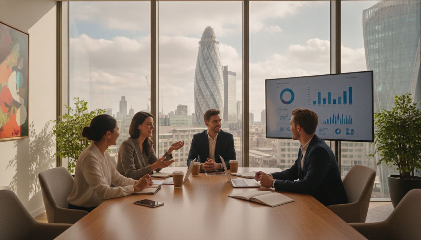A photorealistic, high-resolution shot of a diverse group of young entrepreneurs having a casual business meeting in a modern, glass-walled office in London, with the iconic Gherkin building visible through the window.
