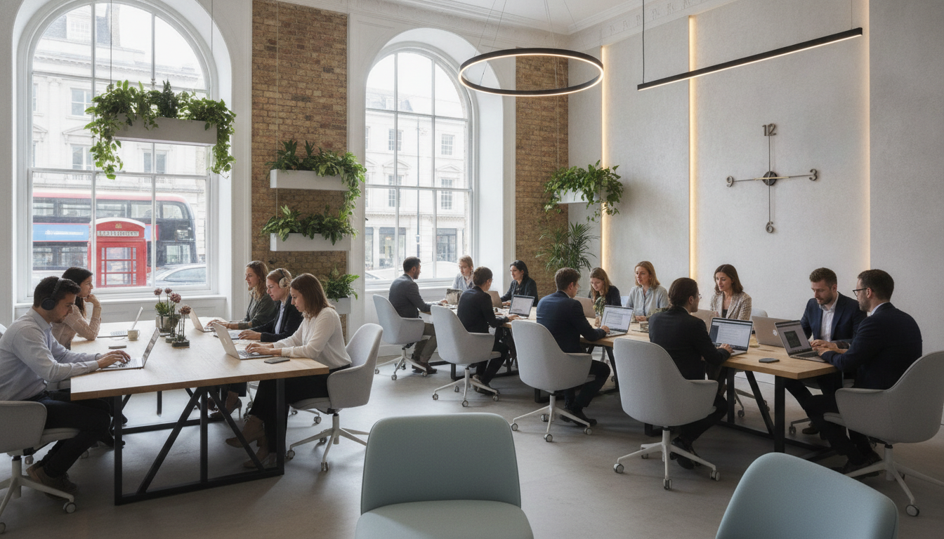 A photorealistic image of a modern, bright co-working space in central London with a diverse group of entrepreneurs working on laptops, a red telephone box visible through the window, soft natural lighting, high-end professional atmosphere.