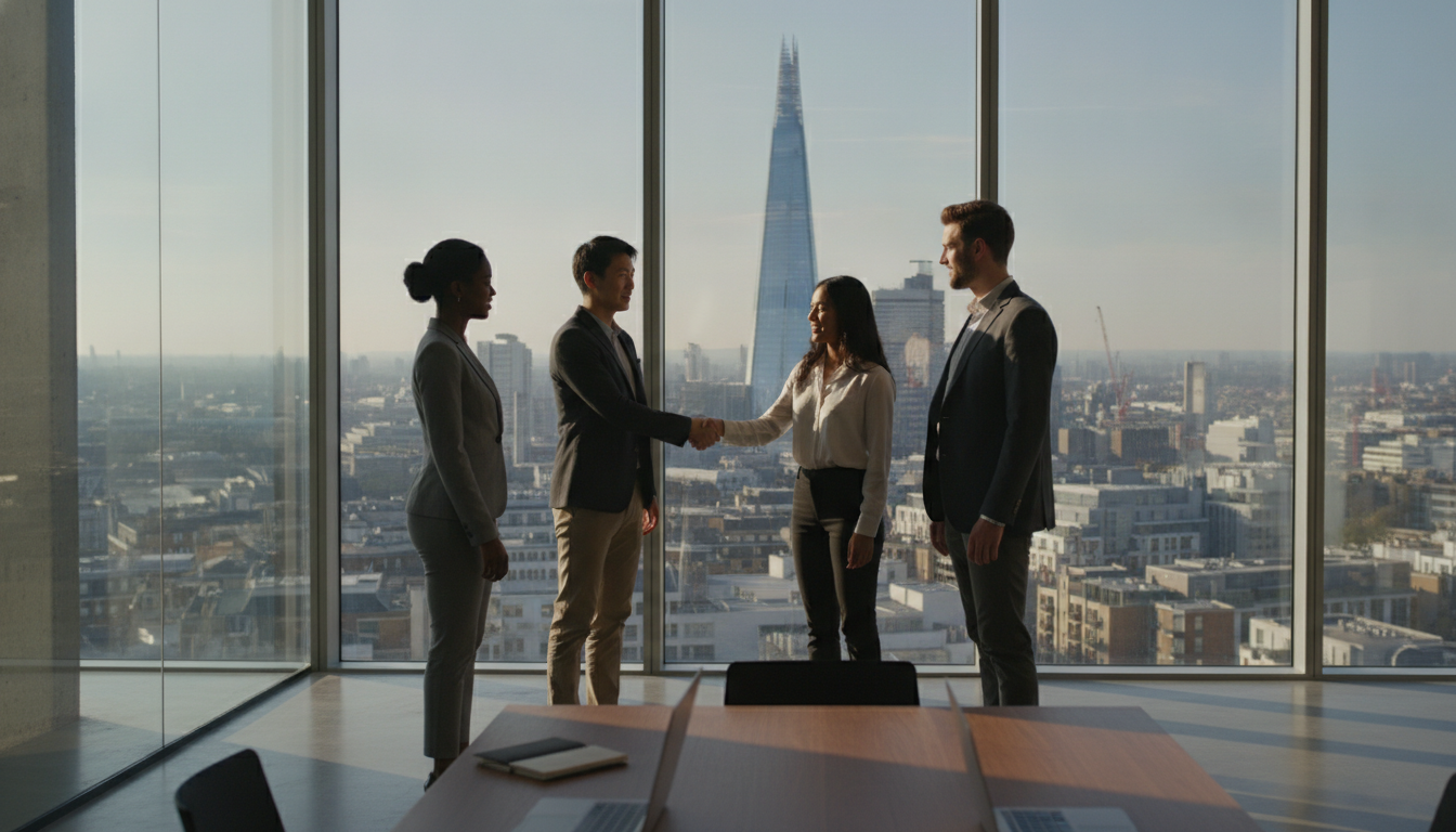 A diverse group of young entrepreneurs shaking hands in a modern London office with the Shard and the city skyline visible through a large glass window, photorealistic style, bright cinematic lighting, high resolution.