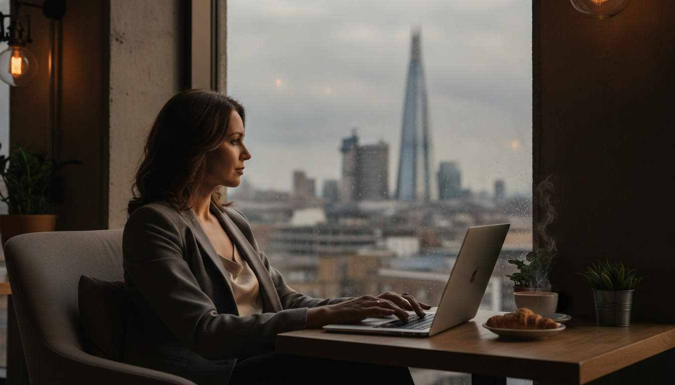 A professional expat entrepreneur sitting in a modern London cafe with a laptop, looking out at the Shard and the city skyline, high-quality, photorealistic, cinematic lighting, shallow depth of field.
